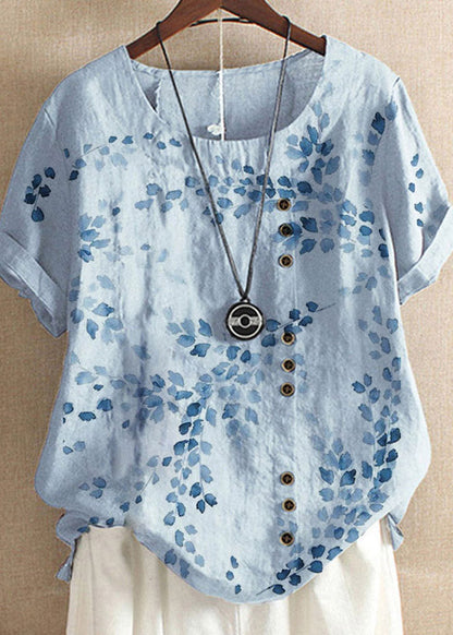 Yellow O-neck Embroideried Linen Tops Short Sleeve