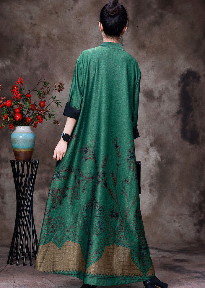 Green Stand Collar Pockets Print Silk Trench Coats Long Sleeve