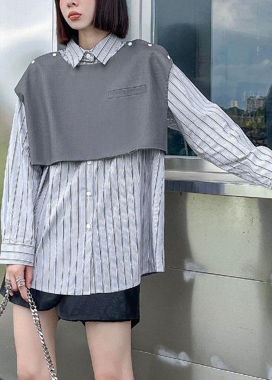 Grey Peter Pan Collar Button Fall Striped Shirt Long Sleeve