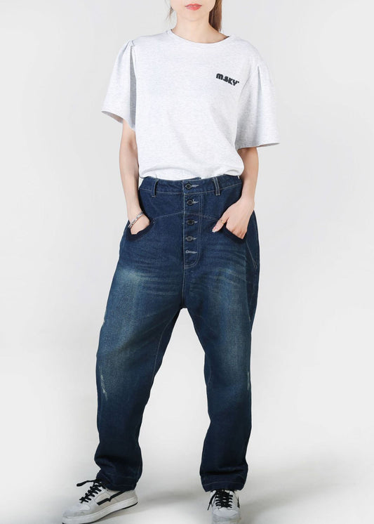 Navy Pockets Patchwork Denim Straight Pants Summer