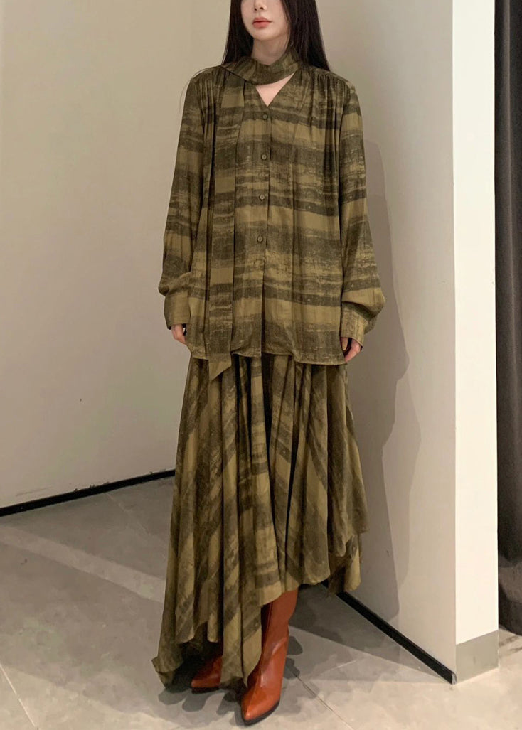 Green Plaid Asymmetrical Cotton Two Pieces Set Spring
