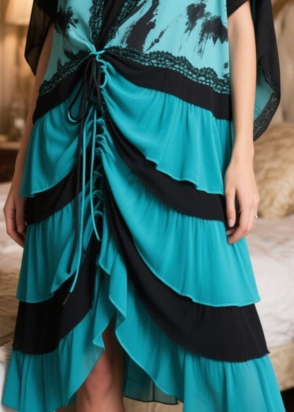 Peacock Blue Cinched Patchwork Chiffon Vacation Dresses Summer