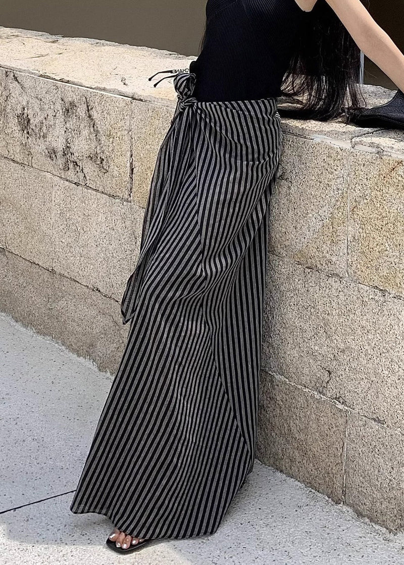 Art Striped Lace Up High Waist Cotton Skirt Summer