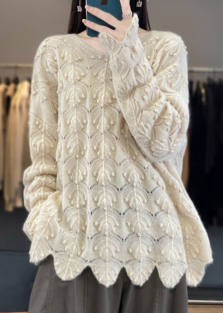 Light Camel V Neck Hollow Out Woolen Knit Sweaters Fall
