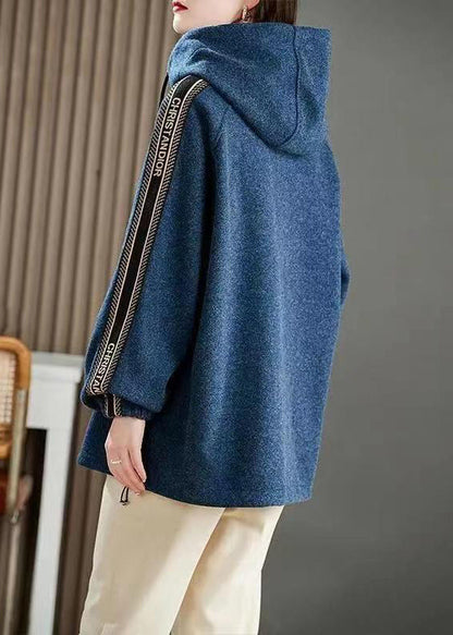 Blue Hooded Pockets Patchwork Cotton Sweatshirts Long Sleeve