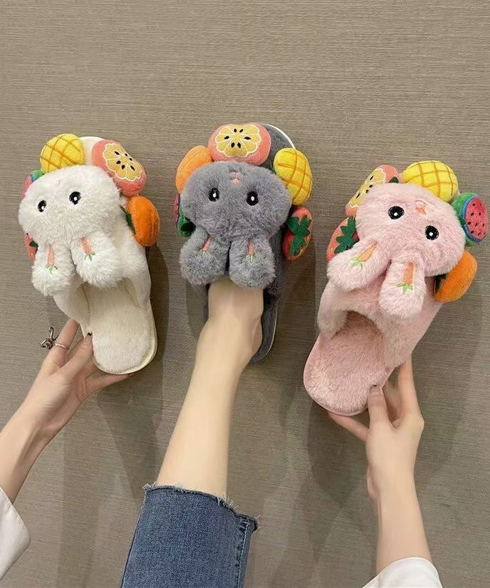 Splicing Slippers Shoes Pink Fuzzy Wool Lined