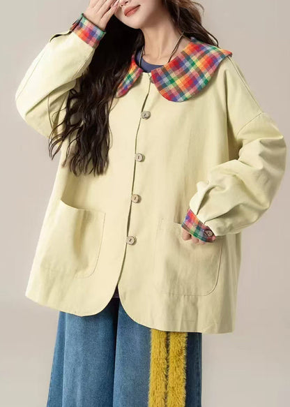 Light Yellow Patchwork Cotton Jackets Oversized Pockets Spring