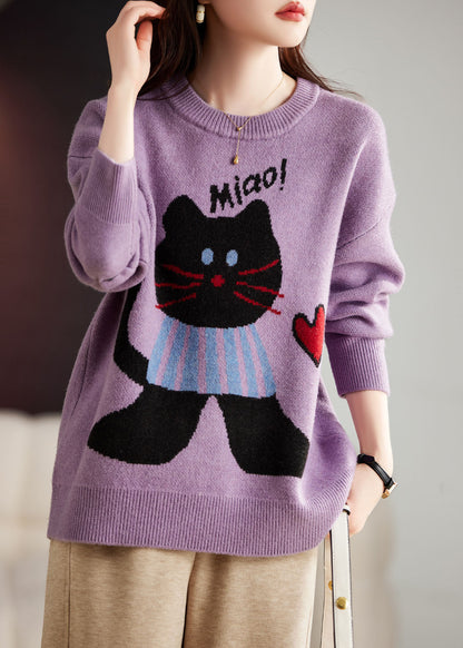 Purple O-neck Animal Print Thick Cotton Knit Sweater Long Sleeve