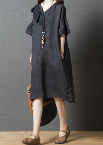 Black V Neck Asymmetrical Design Dress Flare Sleeve