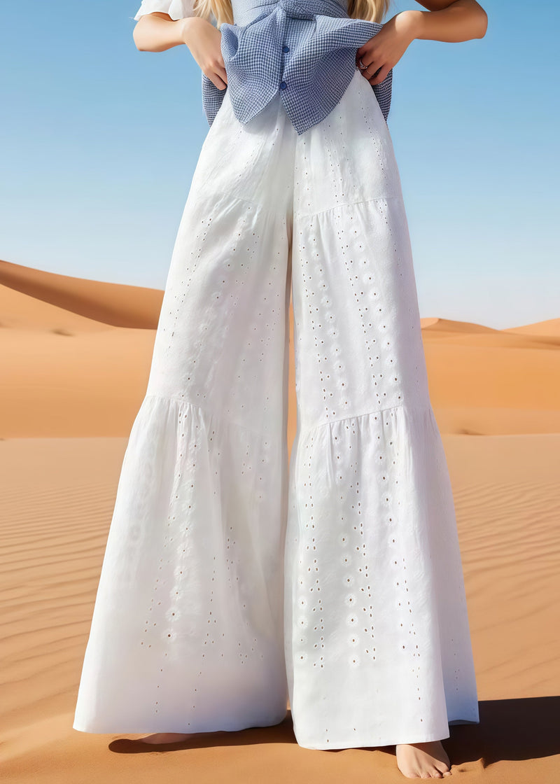Unique White Embroidered Hollow Out Cotton Wide Leg Pants Summer