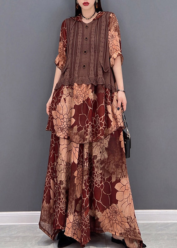 Brown Hooded Knit Patchwork Chiffon Tops and Wide Leg Pants Two Pieces Half Sleeve Spring