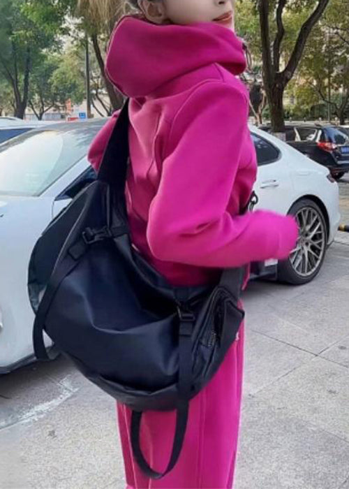 Simple Rose Hooded Coat and Pants Warm Fleece Two Pieces Set Spring