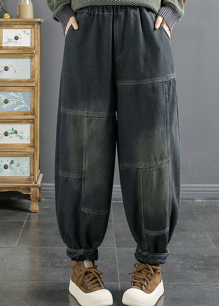 Blue Pockets Patchwork Elastic Waist Warm Fleece Denim Pants Fall