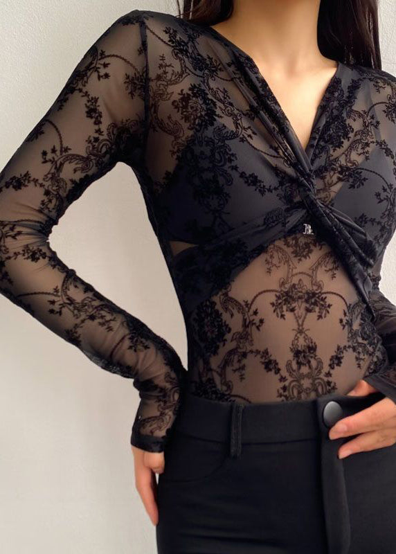 Black V Neck Flocking Wrinkled Tulle Bodysuit