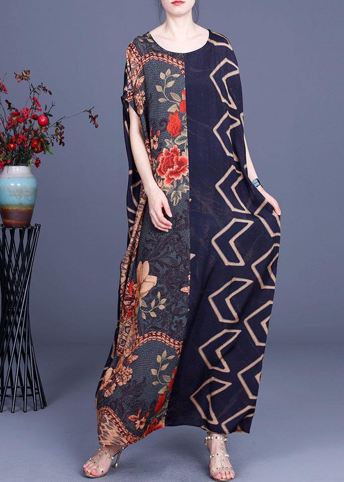 Navy Print Patchwork Batwing Sleeve Silk Long Dress Summer
