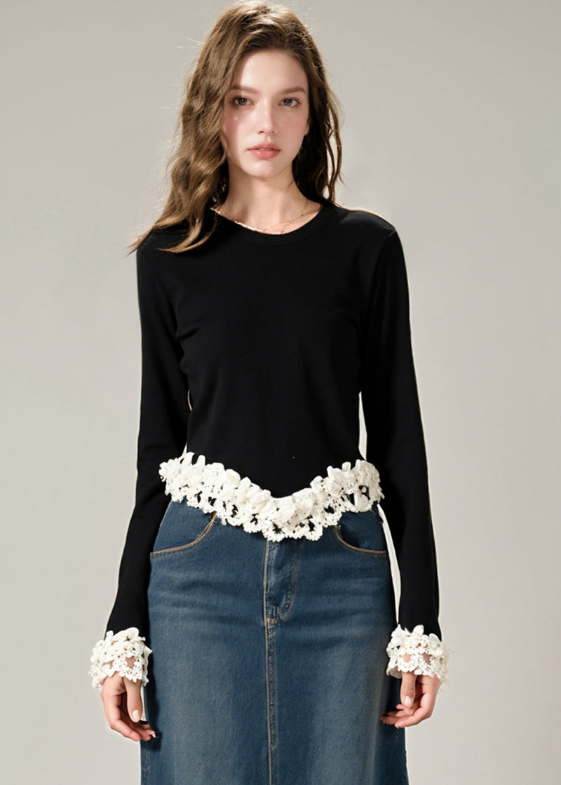 Art Black O-neck Nail Bead Patchwork Cotton Knit Sweater Winter