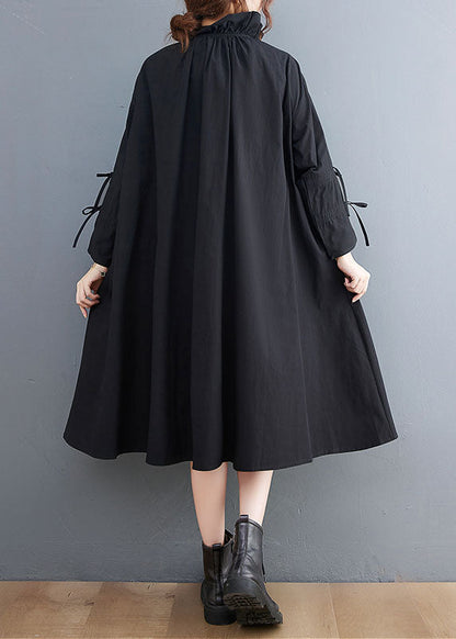 Black Ruffled Button Cotton Blouses Dresses Spring