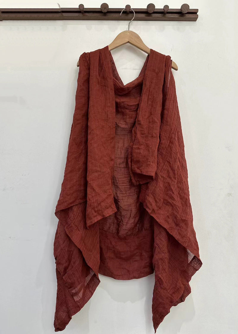 Simple Red Asymmetrical Linen Cardigan Sleeveless