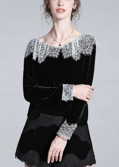 Black Lace Patchwork Silk Velour T Shirt Winter