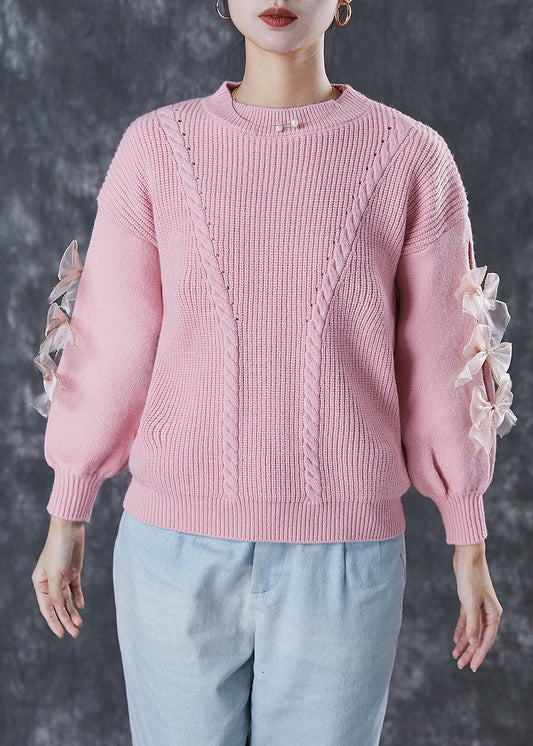 Diy Pink Thick Patchwork Bow Knit Sweater Winter