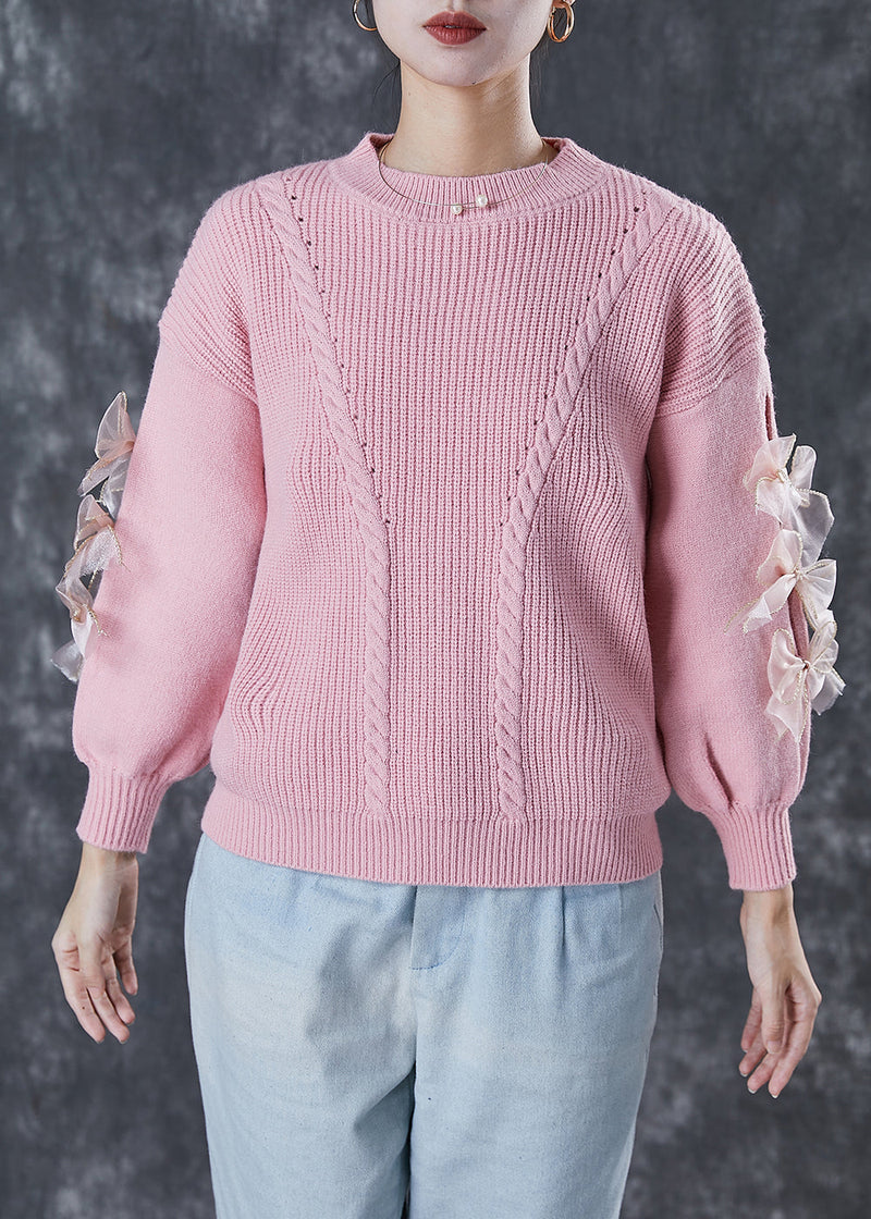 Diy Pink Thick Patchwork Bow Knit Sweater Winter