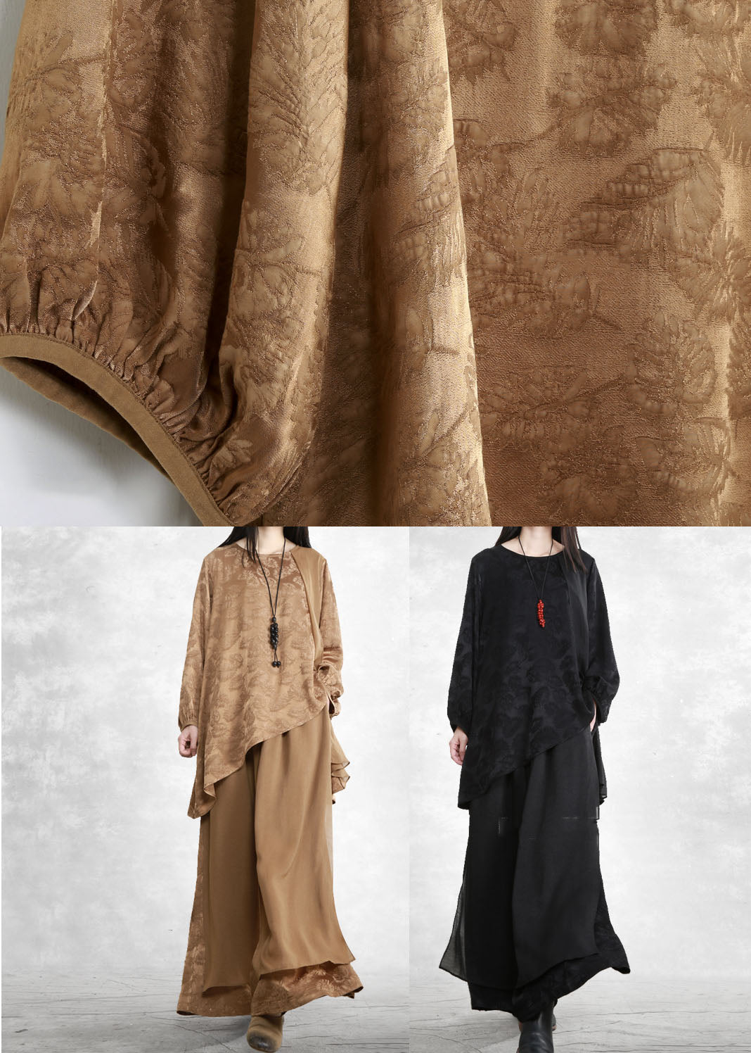 Chocolate Yellow Patchwork Silk Tops and Wide Leg Pants Two Piece Set Jacquard Spring