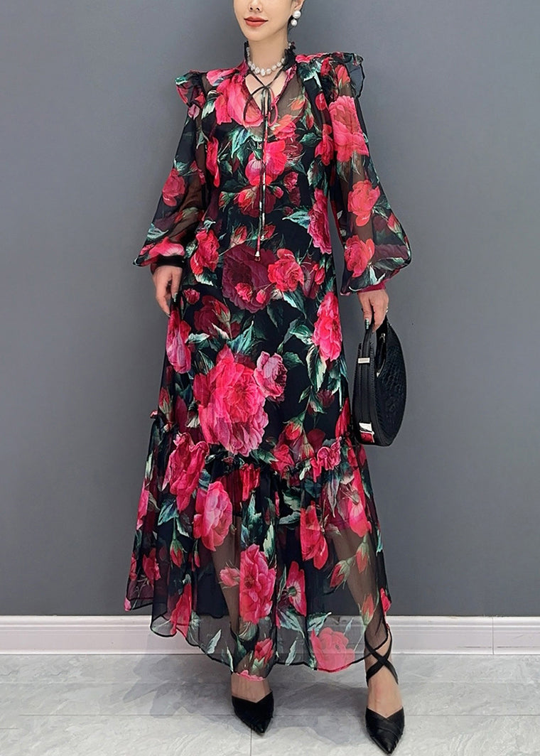 Red Print Lace Up Chiffon Long Dress Lantern Sleeve