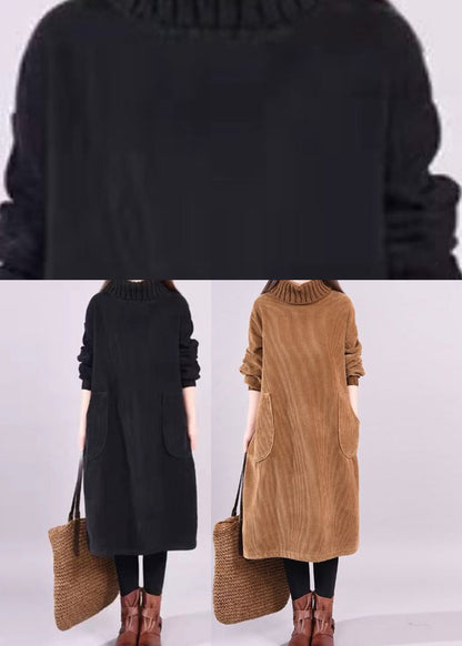 Black Turtle Neck Patchwork Warm Fleece Corduroy Dress Long Sleeve