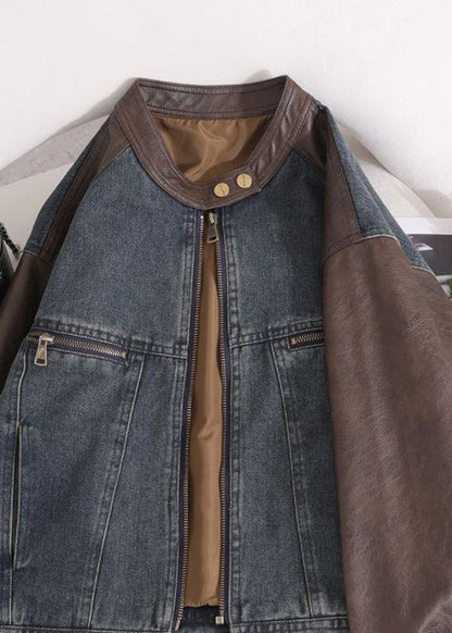 O Neck Pockets Faux Leather Patchwork Denim Coat Fall