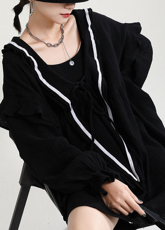 Comfy Black V Neck Ruffles Asymmetrical Design Fall Maxi Dresses Long Sleeve