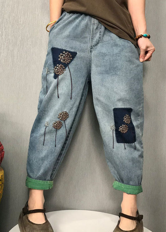Organic Blue Embroideried Harem Denim Pants Spring