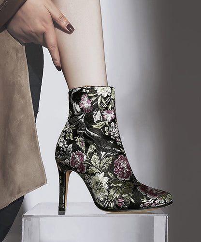 Yellow Embroidered Zippered Silk Velour High Heel Ankle Boots