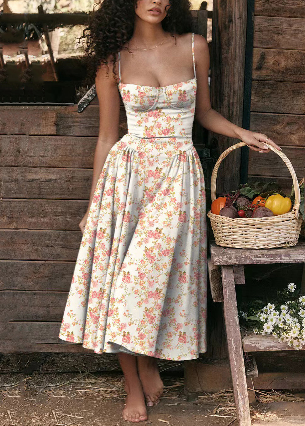 Blue Print Bustier Top Cotton Spaghetti Strap Dress Sleeveless