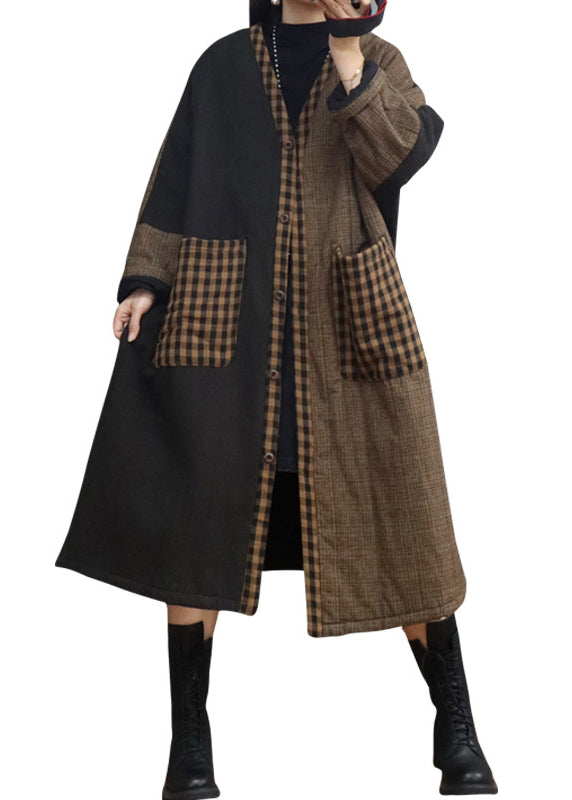 Coffee Plaid Pockets Patchwork Thick Long Coat Fall