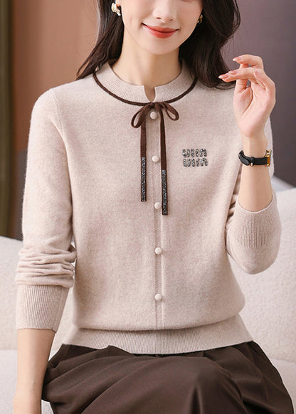Beige Bow Cozy Woolen Winter Sweater O Neck