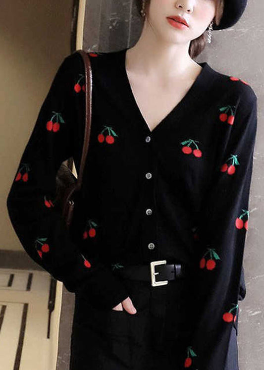 Black V Neck Embroideried Button Woolen Knit Cardigan Long Sleeve