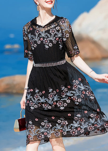 Black Hooded Embroideried Silk Holiday Dress Short Sleeve