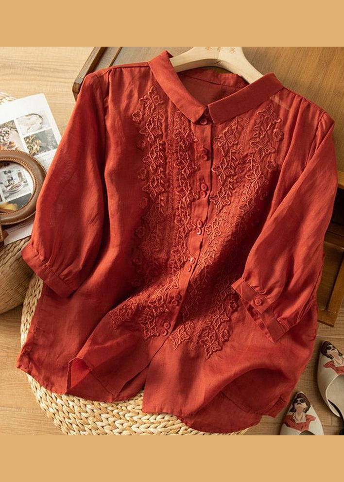 Mulberry Embroideried Slim Fit Linen Shirt Tops Half Sleeve