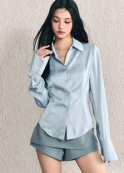 Blue Peter Pan Collar Button Silk Shirt Fall
