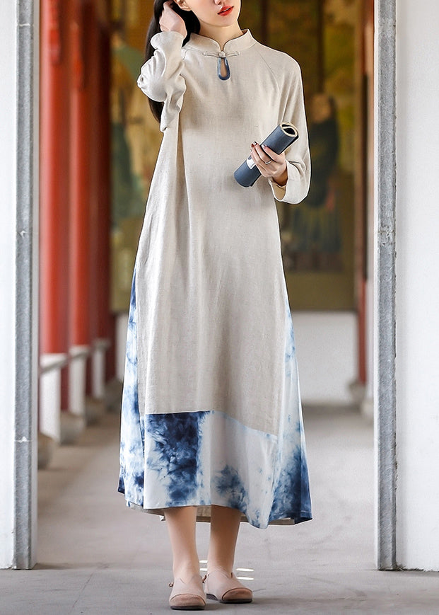 Tie Dye Stand Collar Pockets Cotton Long Dresses Fall