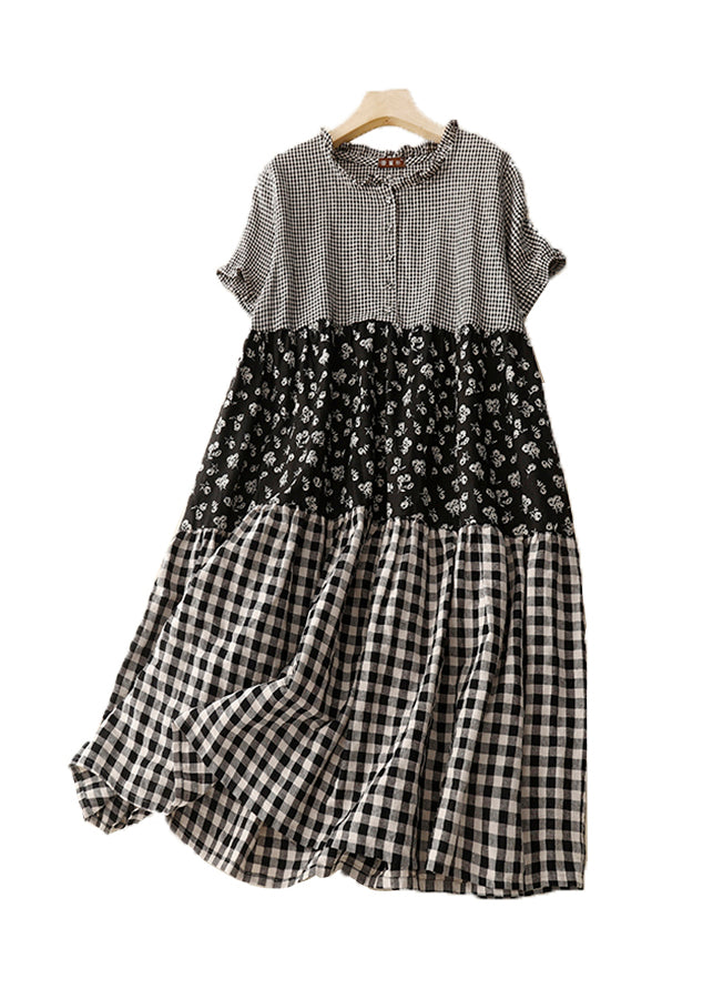 Diy Plaid Ruffled Print Patchwork Cotton Dress Summer