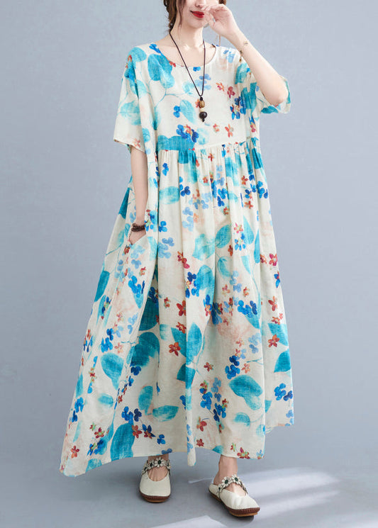 Blue O Neck Print Pockets Cotton Dress Summer