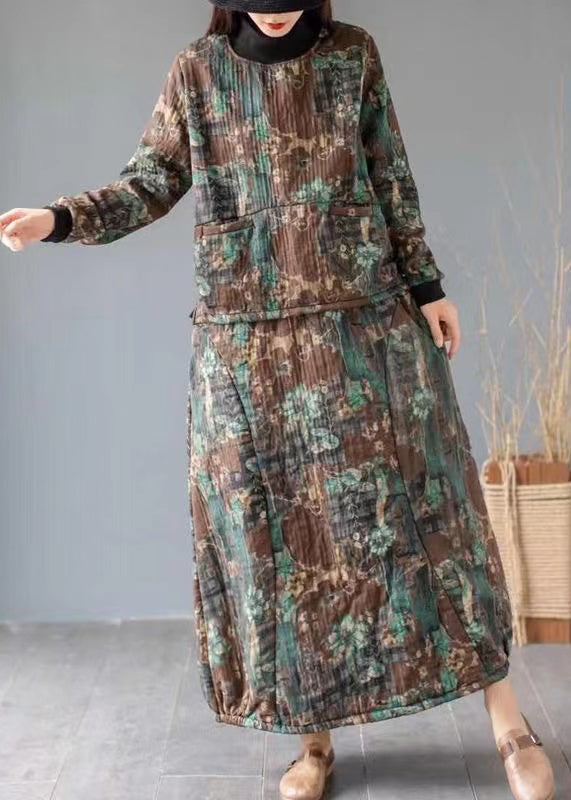 Green Print Pockets Tops and Skirts Cotton Two Piece Set Fall