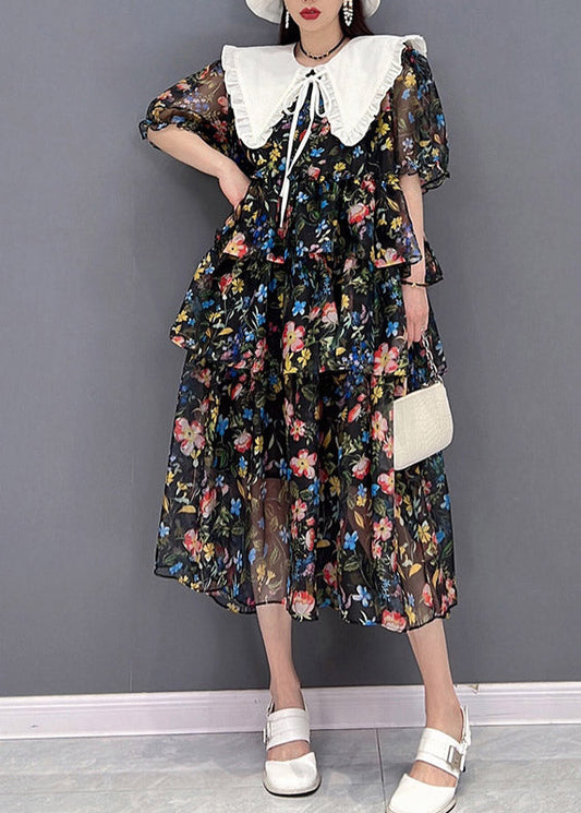 Black Sailor Collar Layered Design Cinched Print Chiffon Dress Short Sleeve