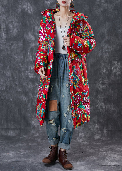 Art Red Hooded Print Fine Cotton Filled Witner Jacket Winter