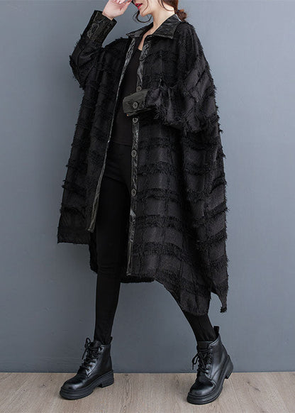 Black Asymmetrical Pockets Patchwork Button Trench Coats Fall