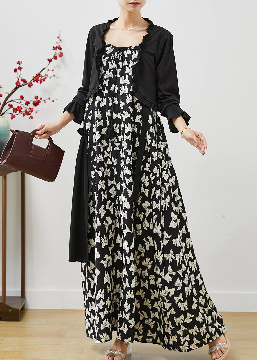Black Ruffled Print Chiffon Dress Two Pieces Set Summer