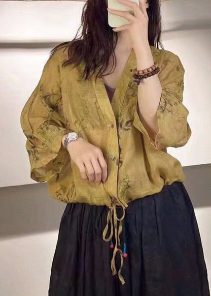 Yellow Print Button Laceup Linen Blouse Tops Fall