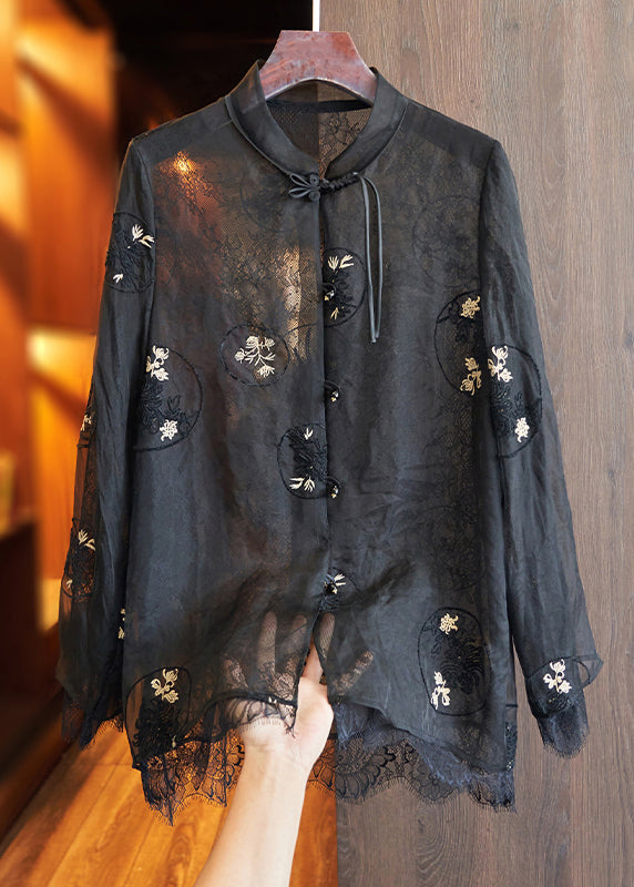 White Embroidered Lace Patchwork Silk Shirts Top Spring