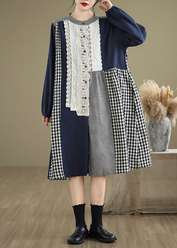Original O-neck Lace Patchwork Plaid Long Dresses Spring